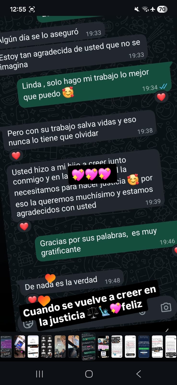 Mensaje de agradecimiento de un representado de Karina Osorio Rendón, con sus datos personales protegidos (pieza 10 de 13 del archivo)