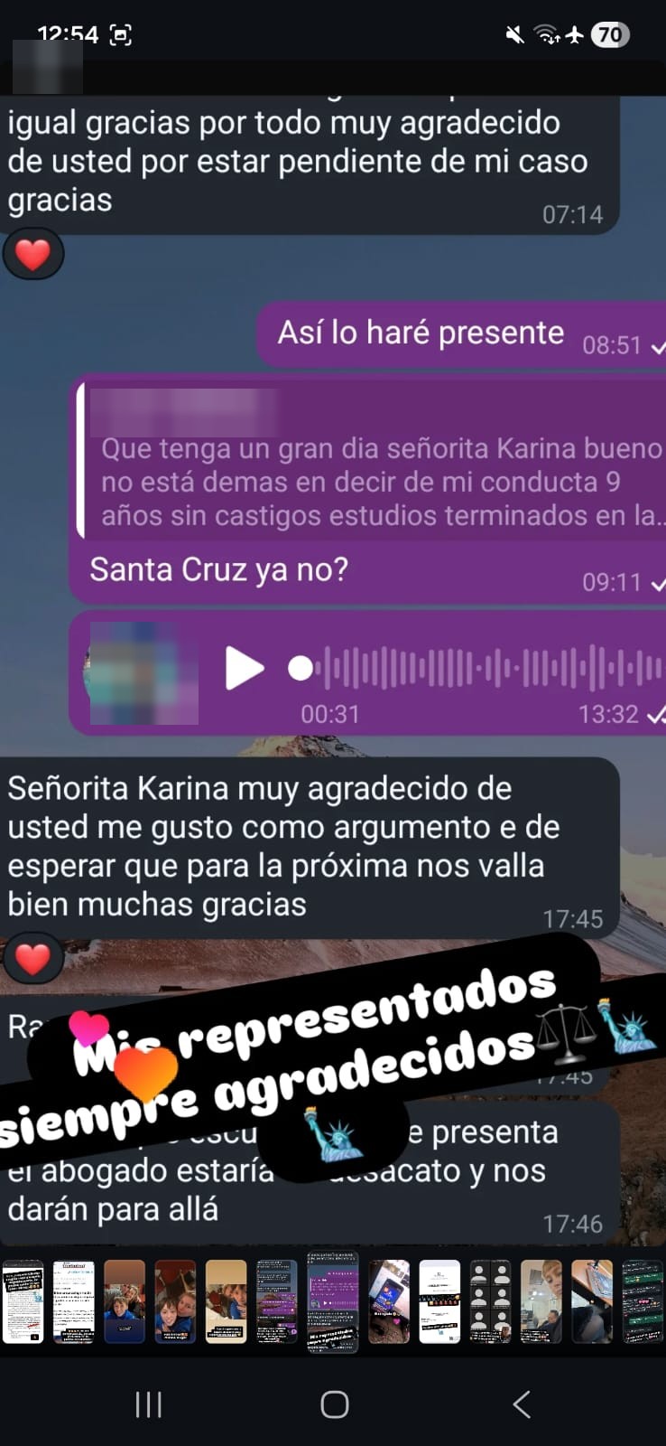 Mensaje de agradecimiento de un representado de Karina Osorio Rendón, con sus datos personales protegidos (pieza 9 de 13 del archivo)